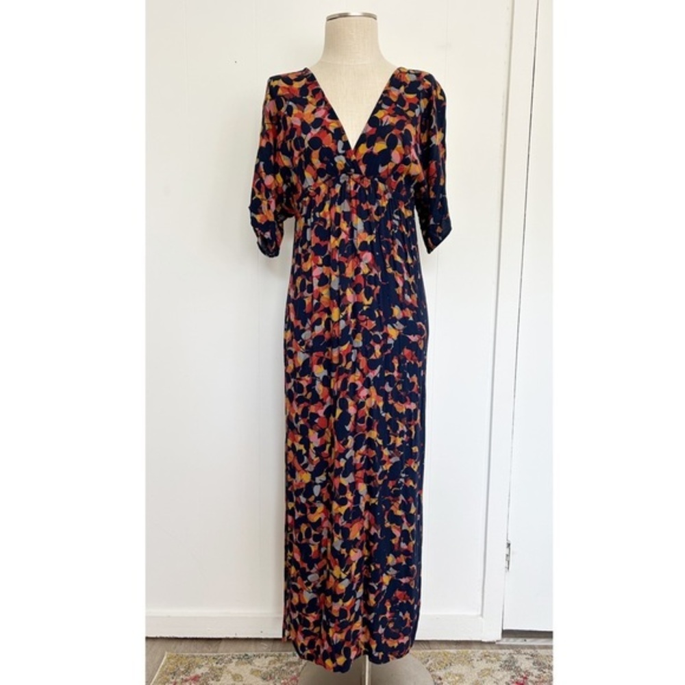 Lovestitch Kimono Sleeve Maxi Dress Tie Back Navy Orange pattern Size S/M